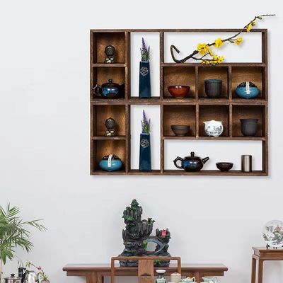 实木茶杯架子茶具架挂墙博古架多宝阁格子摆件架置物架展示架茶架