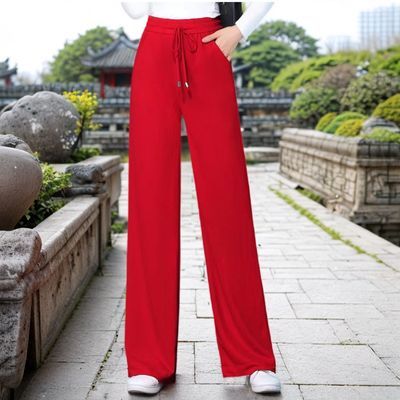 新中式阔腿裤子女夏季高腰显瘦薄款直筒裤红色宽松垂感休闲长裤
