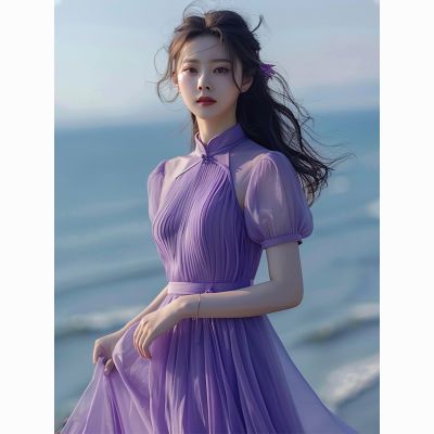 新中式国风紫色泡泡袖连衣裙女夏高级感海边度假超仙气质绝美长裙【15天内发货】