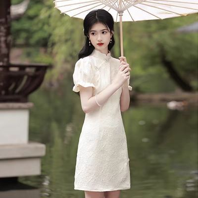 新中式2024短袖短款旗袍开衩改良年轻日常可穿小个子复古连衣