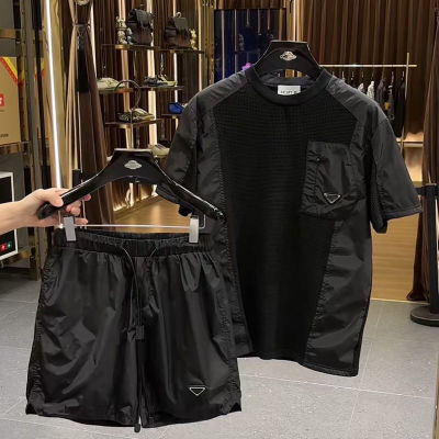 夏季2023套装新款男士宽松潮流拼接短袖短裤休闲两件套运动