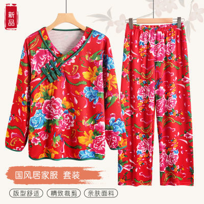 中国风中老年睡衣居家套装网红复古碎花盘扣宽松大码两件套可外穿