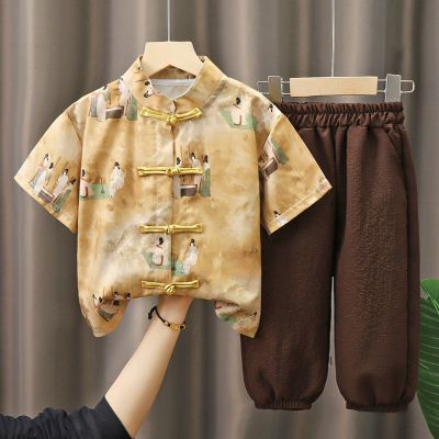夏季中大童男童宝宝短袖套装儿童中国风唐装男孩汉服两件套薄款
