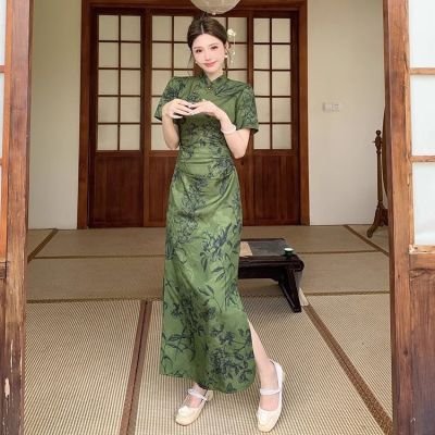 大码【丹青】新中式复古国风气质中长款女人显白修身改良绿色连衣