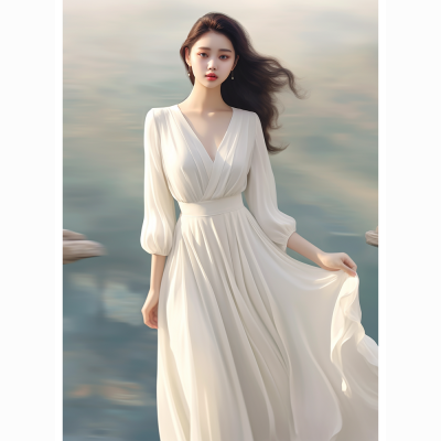 白色雪纺连衣裙子2024新款女装春秋季沙滩裙海边度假法式高端