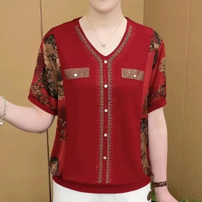洋气长袖T恤女2024新款高档V领烫钻遮肚子显瘦中年妈妈装印