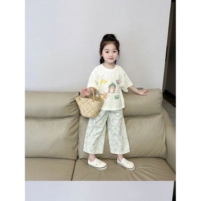2024新款韩版夏季女童印花短袖儿童宝宝时髦洋气碎花休闲裤两件套