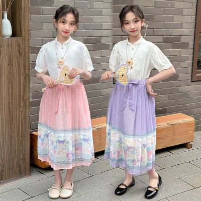 女童马面裙套装2024夏季新款中大儿童短袖衬衫半身裙中国风两件套