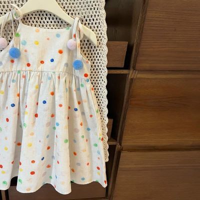 韩国童装女童休闲吊带裙2024夏装新款中小童甜美彩色点点连衣