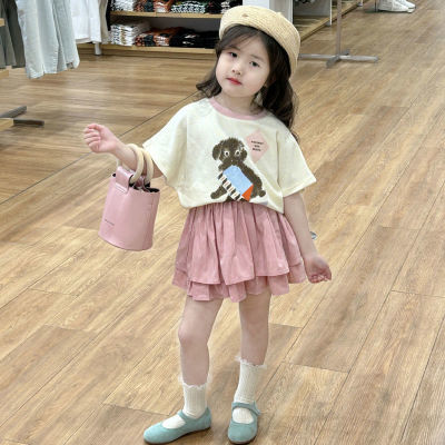 韩版童装2024新款夏季女童卡通印花T恤女宝宝粉色半身裙两件