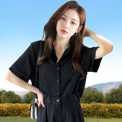 夏季短袖衬衫通勤职业感ins黑色上衣韩版休闲宽松遮肉翻领衬衣
