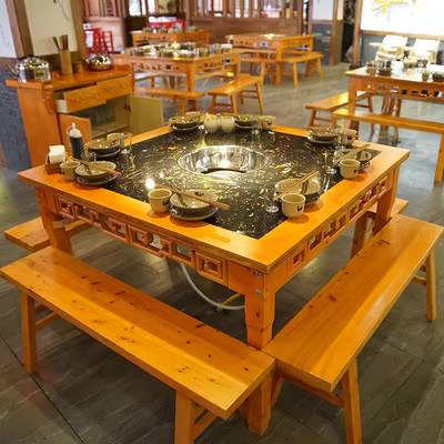 火锅店全套火锅桌商用无烟实木电磁炉一体桌子大理石火锅桌椅组合