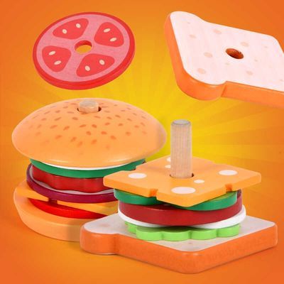 儿童木制婴幼启蒙汉堡三明治配餐配对厨房益智宝宝几何颜色形状