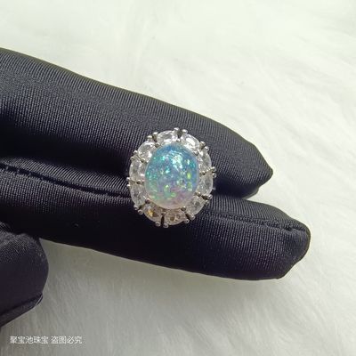 新款欧泊石大戒指10*12澳大利亚人工培育炫彩宝石opal高颜值潮流