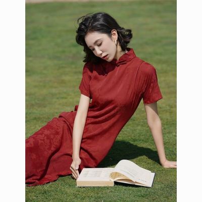 红色旗袍夏季年轻款少女2024新款古法复古中国风全开襟长款连衣裙