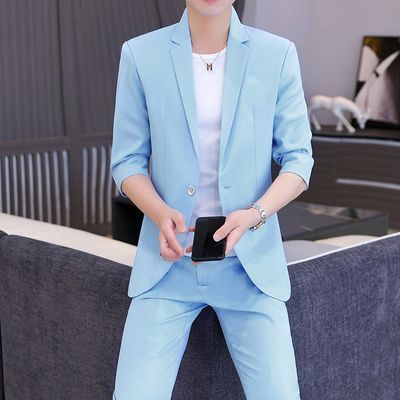 夏季西装套装男士韩版七分袖修身帅气英伦西服纯色中袖套装两件套