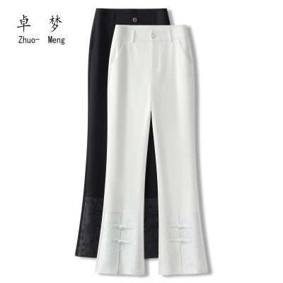 白色中式国风喇叭裤2024新款高腰春夏显瘦微喇裤休闲裤子马蹄