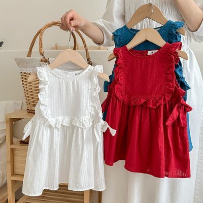 韩版童装24夏季新款女童甜美洋气提花背心荷叶连衣裙红色超仙裙