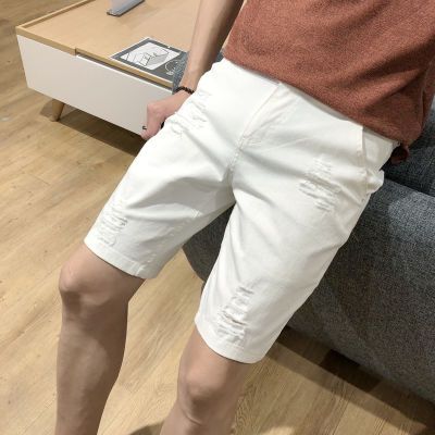 修身中裤白色潮流弹力薄款5分夏季韩版夏天休闲牛仔中腰百搭直筒