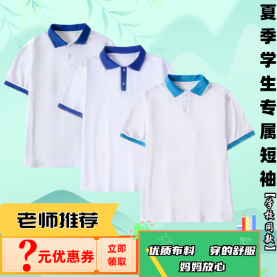 夏季校服班服宝蓝领运动T恤POLO初高中小学生男女款白色短袖