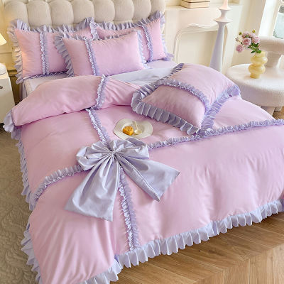 法式床上四件套水洗蝴蝶结花边被套床单少女韩版床上用品三件套
