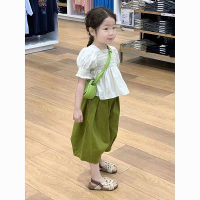 韩版女童夏季套装新款潮流泡泡袖短袖娃娃衫上衣女宝宝清新阔腿裤