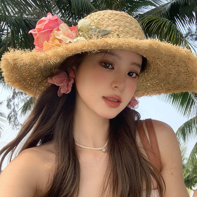 花朵手工编织草帽女夏季出游度假海边沙滩太阳帽可折叠防晒遮阳帽