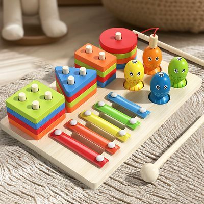几何套柱积木形状配对敲琴钓鱼游戏儿童拼装早教益智玩具