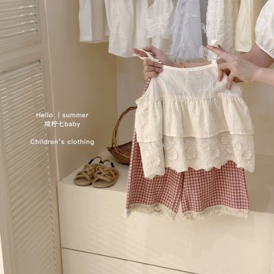 韩版童装2024夏季女童蕾丝绣花吊带套装儿童宝宝格子阔腿裤两件套