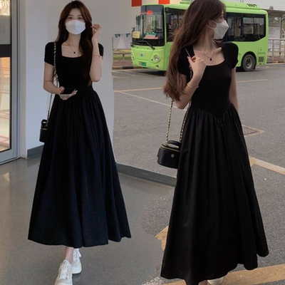 赫本风收腰显瘦连衣裙子女2024夏季新款短袖中长款高级感a字黑裙