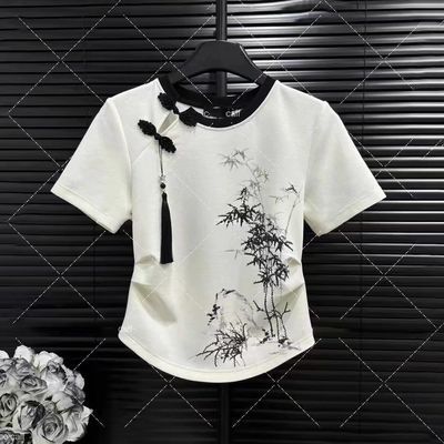 今年流行新中式国风墨竹短袖t恤女夏季2024年新款设计感小众