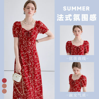 2024新款夏季轻奢收腰显瘦纯欲红色长裙法式复古雪纺碎花连衣