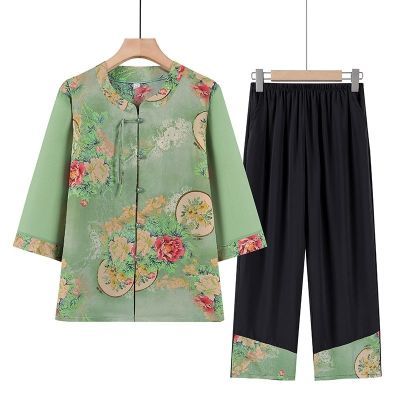 妈妈夏装七分袖衬衣开衫中老年女装夏季套装奶奶衣服新中式两件套