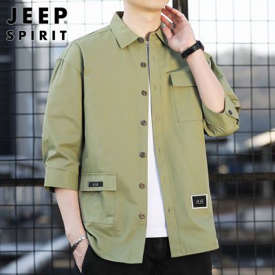 Jeep吉普七分袖衬衫男士夏季薄款潮流上衣2024新款工装运