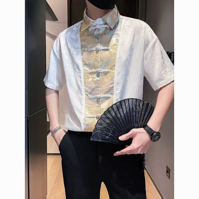 中式2024男士夏季短袖中国风国潮垂感拼色立领薄款中袖衬衫