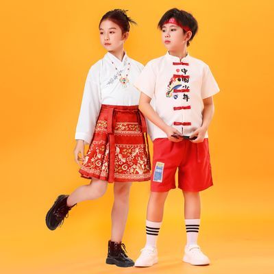 儿童中国唐装套装合唱服装女童马面汉服演出服小学生国学