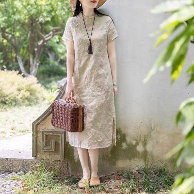 新品女装苎麻刺绣工艺别致旗袍夏季中式改良棉麻高端连衣裙