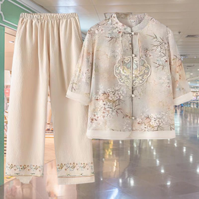 妈妈夏装时尚套装中老年夏季中式国风刺绣小衫上衣七分袖两件套