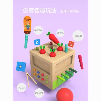 儿童蒙氏六面盒六合一多功能拔萝卜捉虫插棍颜色配对智力盒玩具