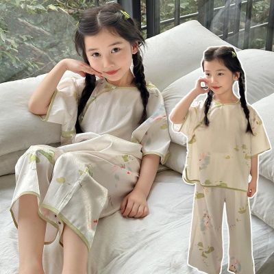 童装女童睡衣套装夏季2024新款新中式国风空调服儿童冰丝家居