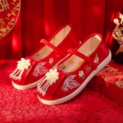 2024新款古风中式汉服鞋绣花鞋儿童手工布鞋中国风复古珍珠平