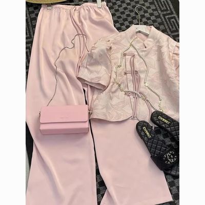 大码搭配一整套显瘦轻奢高级感新中式粉色盘扣上衣裤子两件套装女