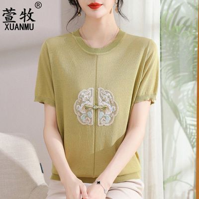 新中式妈妈夏装短袖t恤2024新款中老年女冰丝小衫中国风洋气
