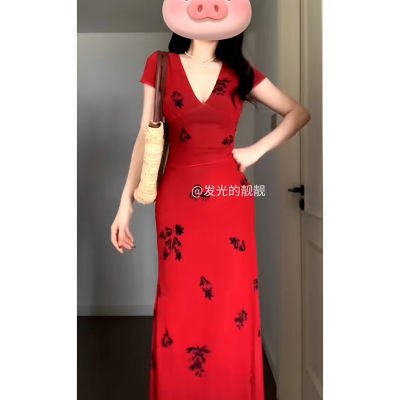 【莫奈花园】复古御姐风红色v领连衣裙2024新款气质优雅印花