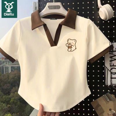 迪斯兔中大童2024夏季新款韩版纯棉女童短袖T恤修身舒适翻领上衣