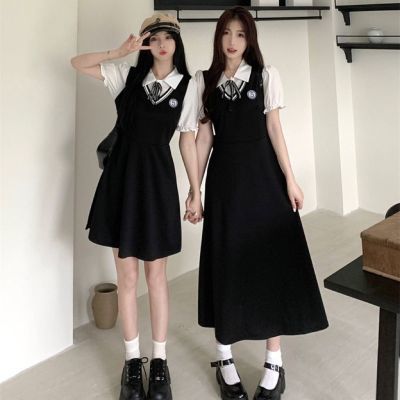 大码女装夏季学院风假两件显瘦连衣裙藏肉显瘦黑色裙学院风连衣裙