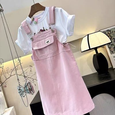 童装24夏季新款韩版女童粉色背带裙两件套洋气可爱休闲T恤衫上