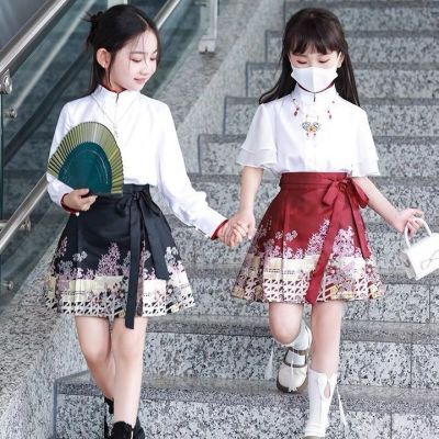 中女童短袖套装半身裙儿童汉服短款马面裙短款古风全套元素夏季