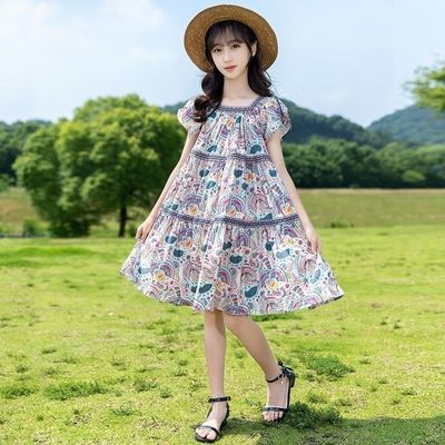 女童连衣裙夏季2024新款儿童洋气裙子民族风中大童夏款宽松碎花裙