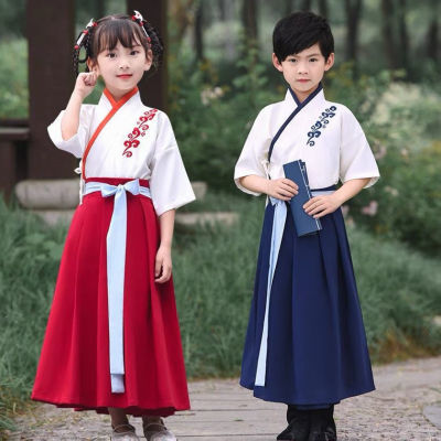 儿童汉服男童国学服夏季薄款短袖中国风学生古装书童演出表演服